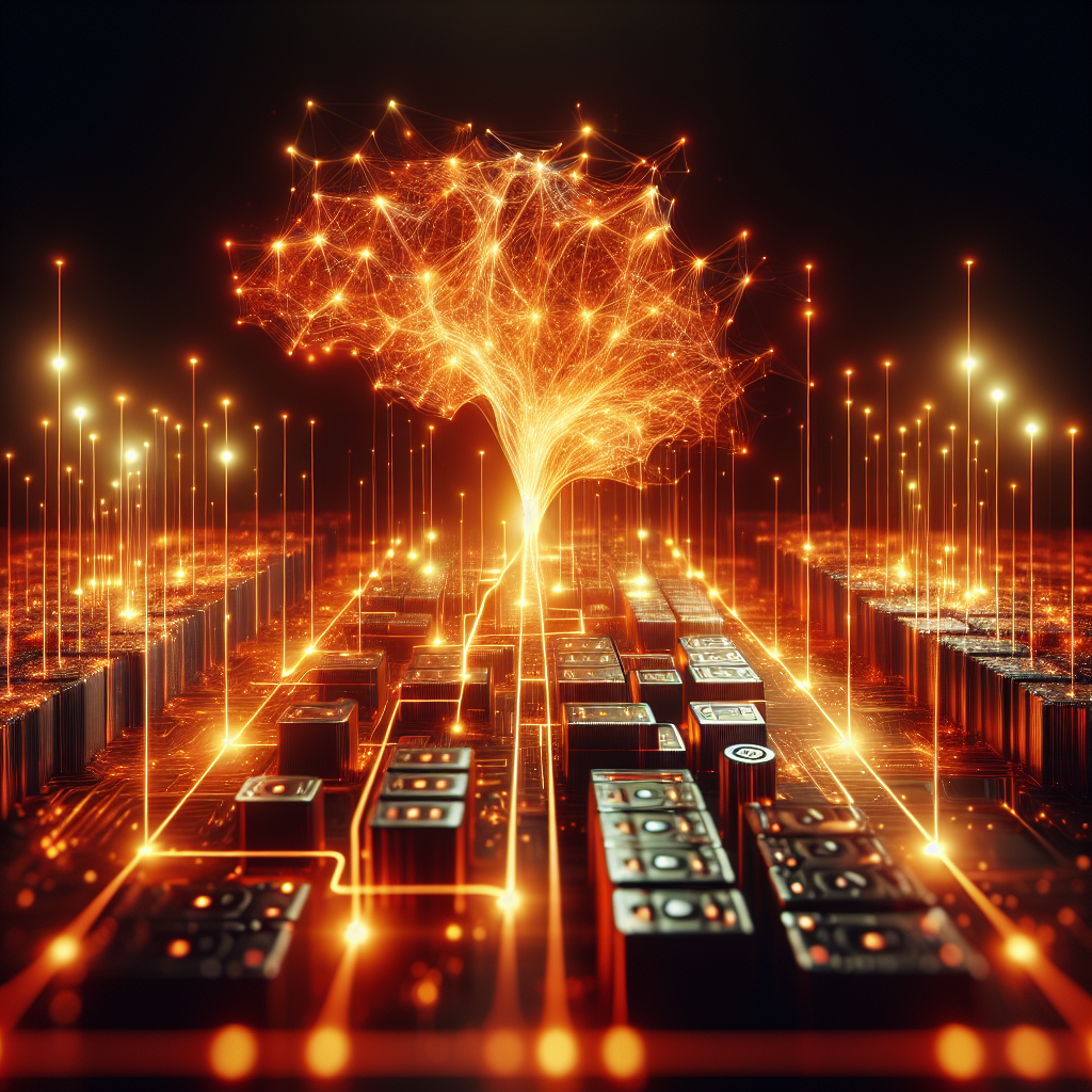An abstract, glowing orange neural network of light pulses flowing over a detailed array of interconnected battery cells.