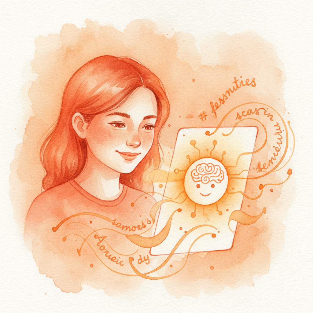 A person smiling at a screen with a glowing AI icon, representing AI vocabulary learning.