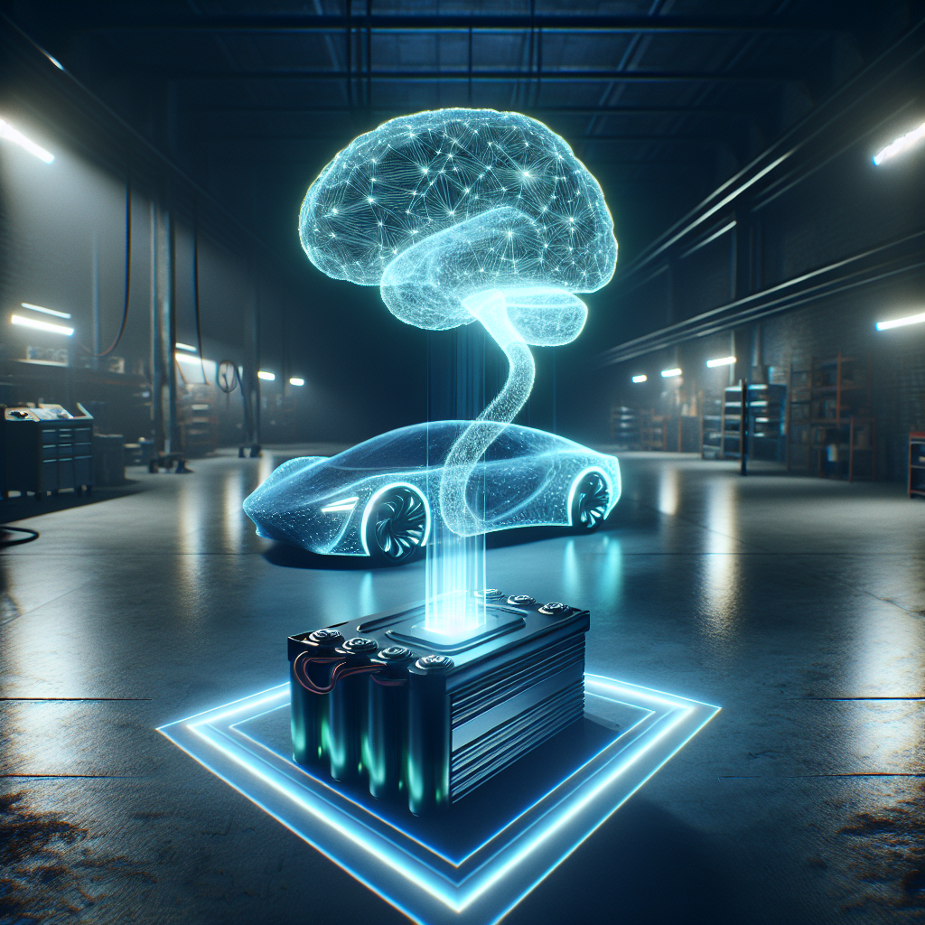 A glowing, holographic brain interface hovering over a futuristic EV battery pack on a clean, dark workshop floor.