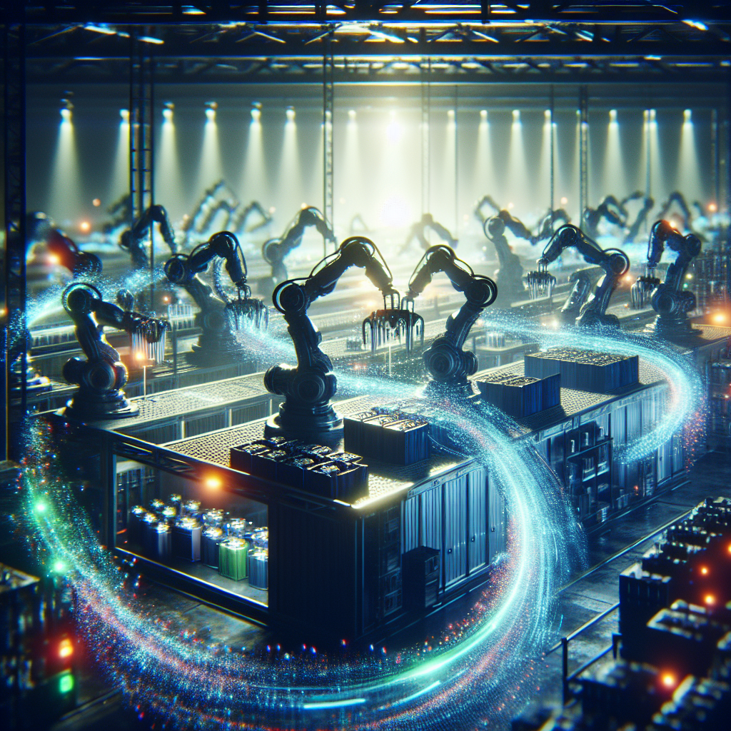Robotic arms in a futuristic recycling facility sort old batteries, with glowing data streams visualizing a closed-loop circular economy.