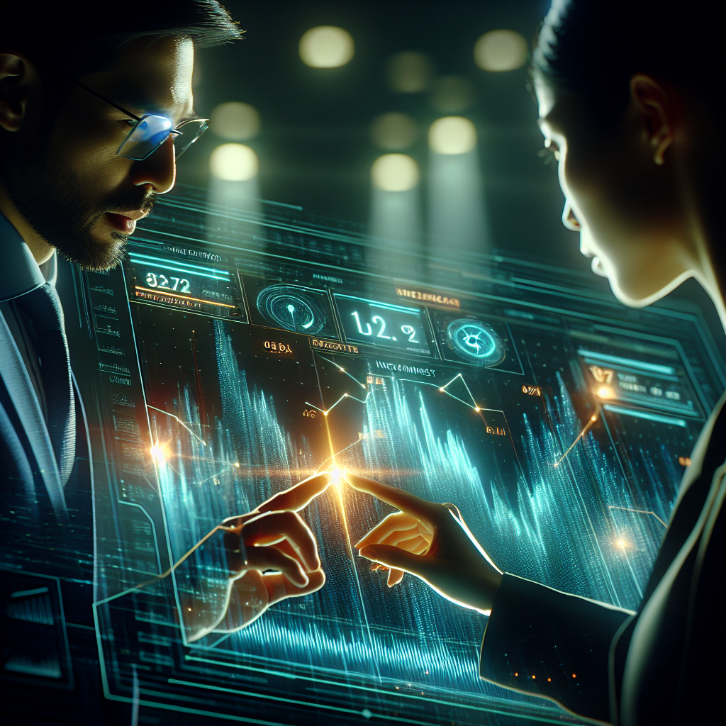 Investors in a futuristic office analyzing a holographic chart of battery technology investment trends.