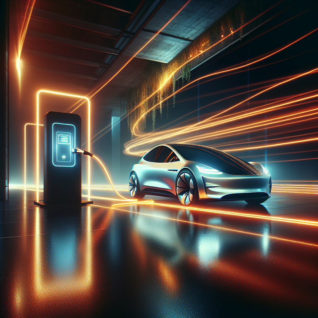 An electric car at a sleek, futuristic charging station at night, with glowing orange lines showing the rapid flow of energy.