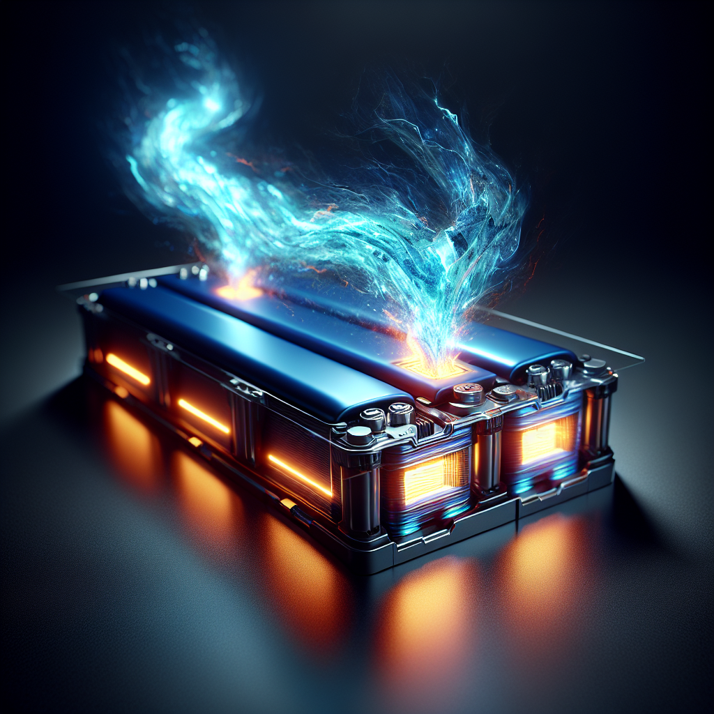 An abstract, powerful torrent of electric blue and orange energy flowing rapidly into the sleek, cutaway view of a futuristic EV battery cell with a glowing silicon anode.