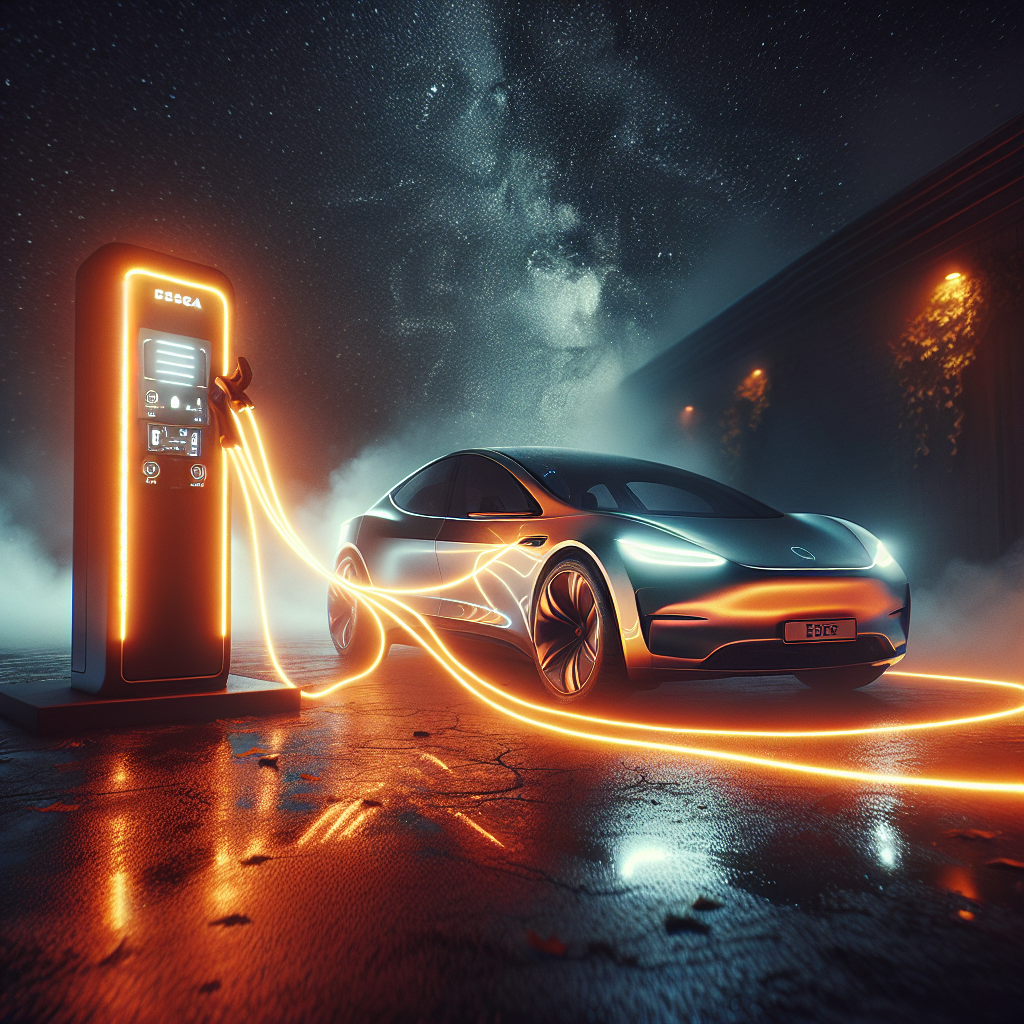 An electric car at a futuristic charging station at night, with glowing orange light trails indicating the rapid flow of energy into the vehicle.