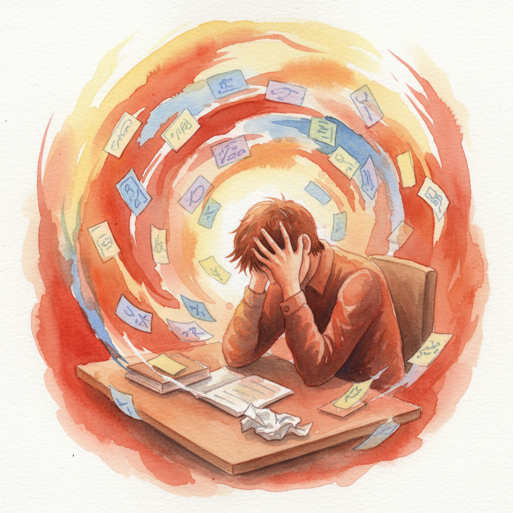 A frustrated student surrounded by floating flashcards, depicted in a watercolor style.
