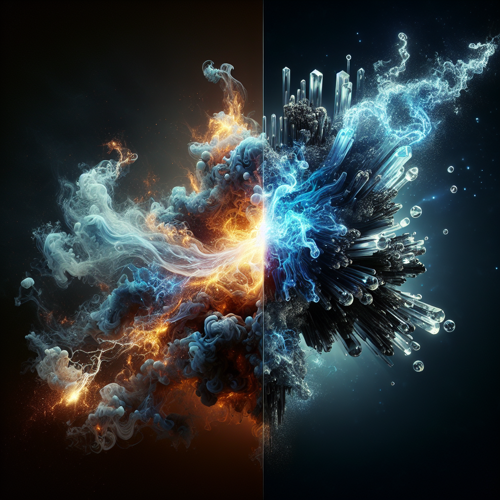 A split view showing a chaotic liquid versus a stable solid crystal.