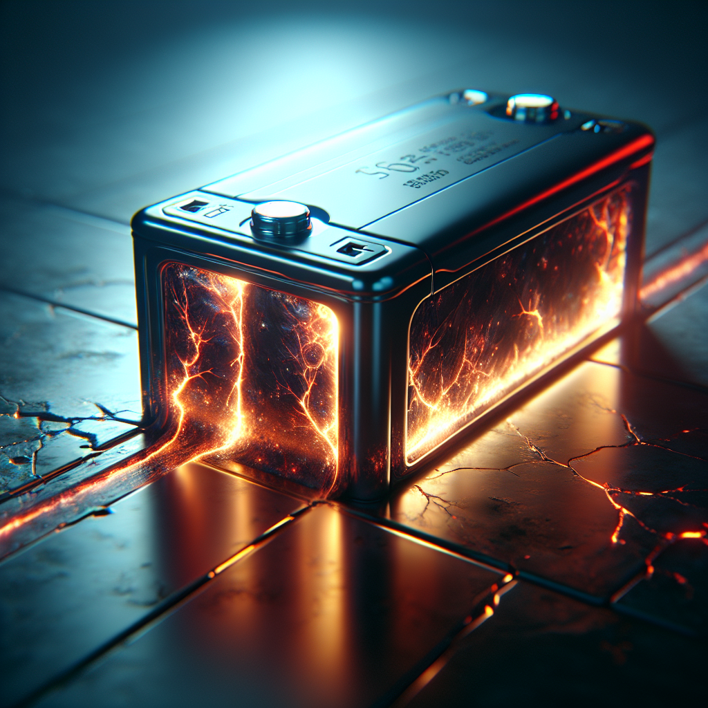 A futuristic, glowing lithium-ion battery cell shows signs of stress and overheating.