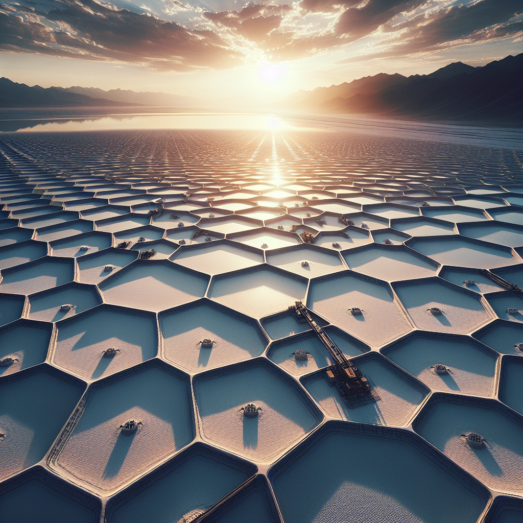 A vast salt flat patterned with the geometric shapes of lithium evaporation pools, capturing the immense scale and environmental toll of battery material extraction under a dramatic sunset.
