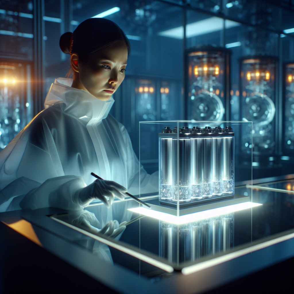 A scientist in a sleek, futuristic laboratory examines a glowing, transparent solid-state battery prototype, highlighting advanced, clean technology.