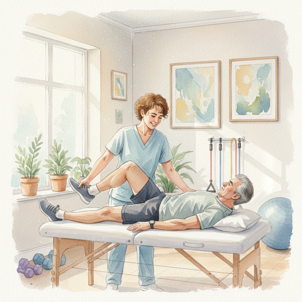 Huấn luyện viên cá nhân phục hồi hướng dẫn bài tập cho người đau lưng.