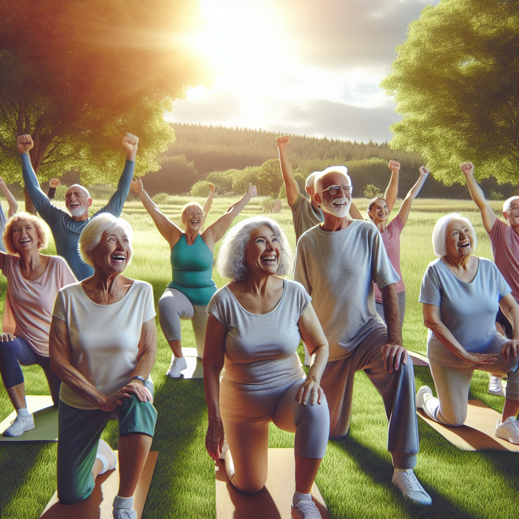 A group of seniors enjoying a yoga class in a park.
