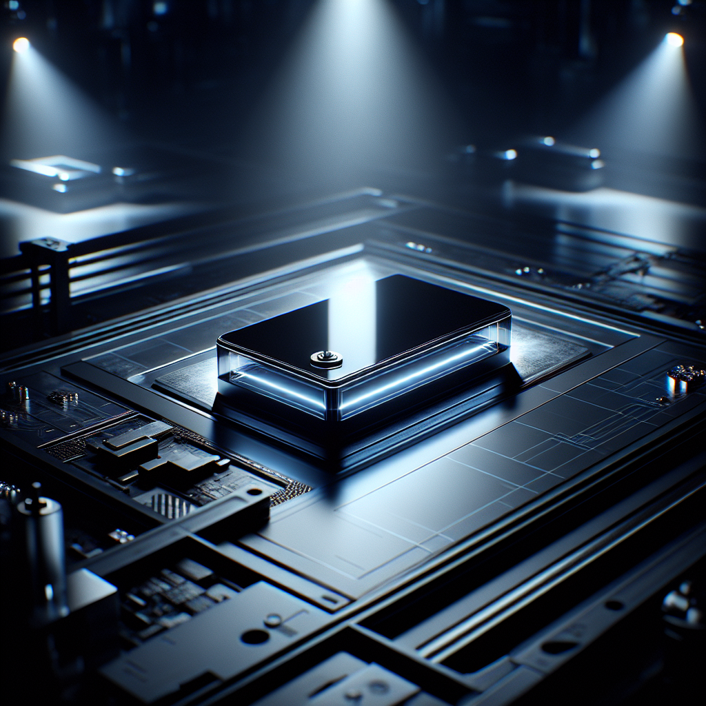 A sleek, glowing solid-state battery prototype on a workbench in a futuristic, dark laboratory.