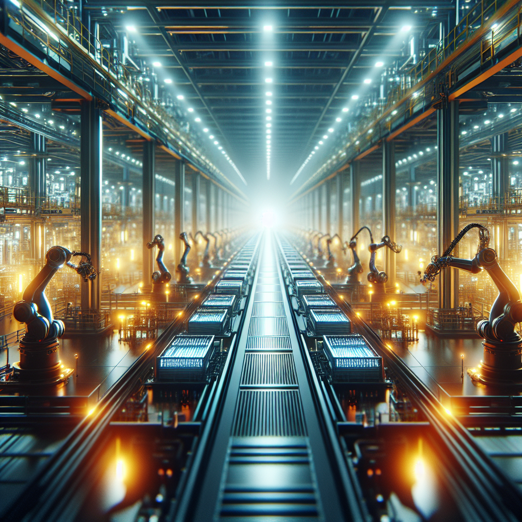 A vast, futuristic battery gigafactory interior with robotic arms assembling solid-state battery cells.