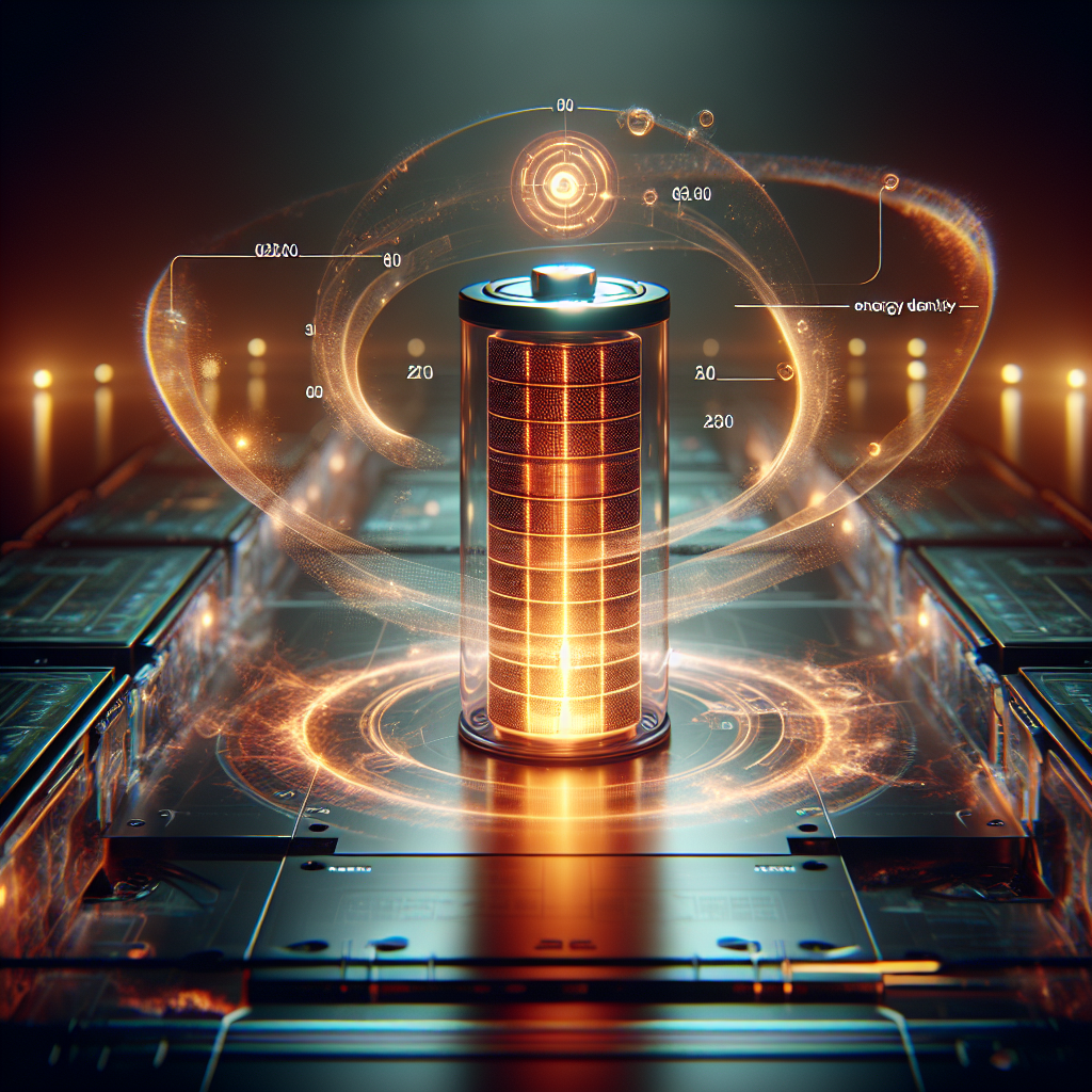 A futuristic, glowing solid-state battery cell on a lab bench, with holographic data projections swirling around it, showing its superior energy density.
