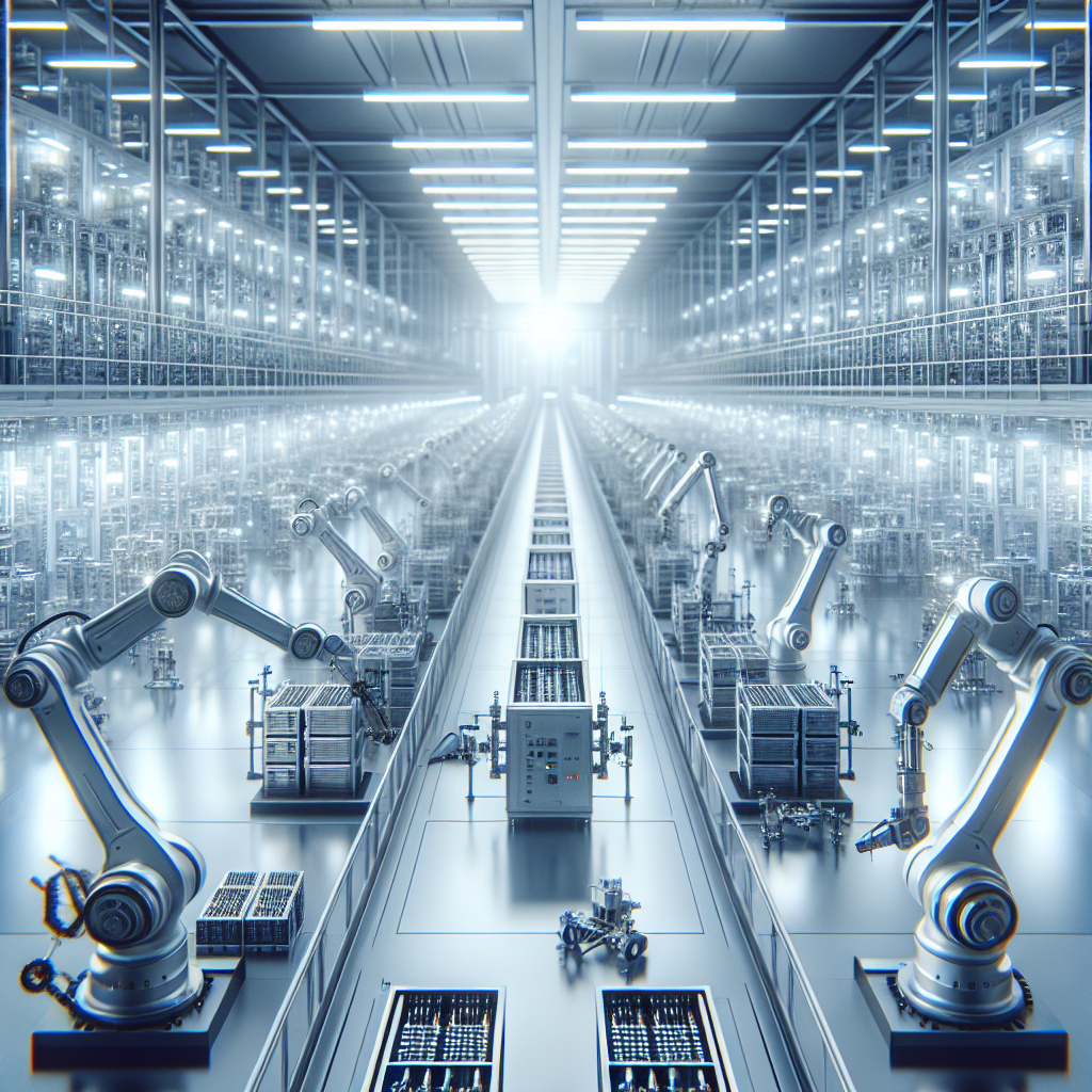 A massive, clean-room factory for next-gen batteries where robotic arms assemble components with precision.