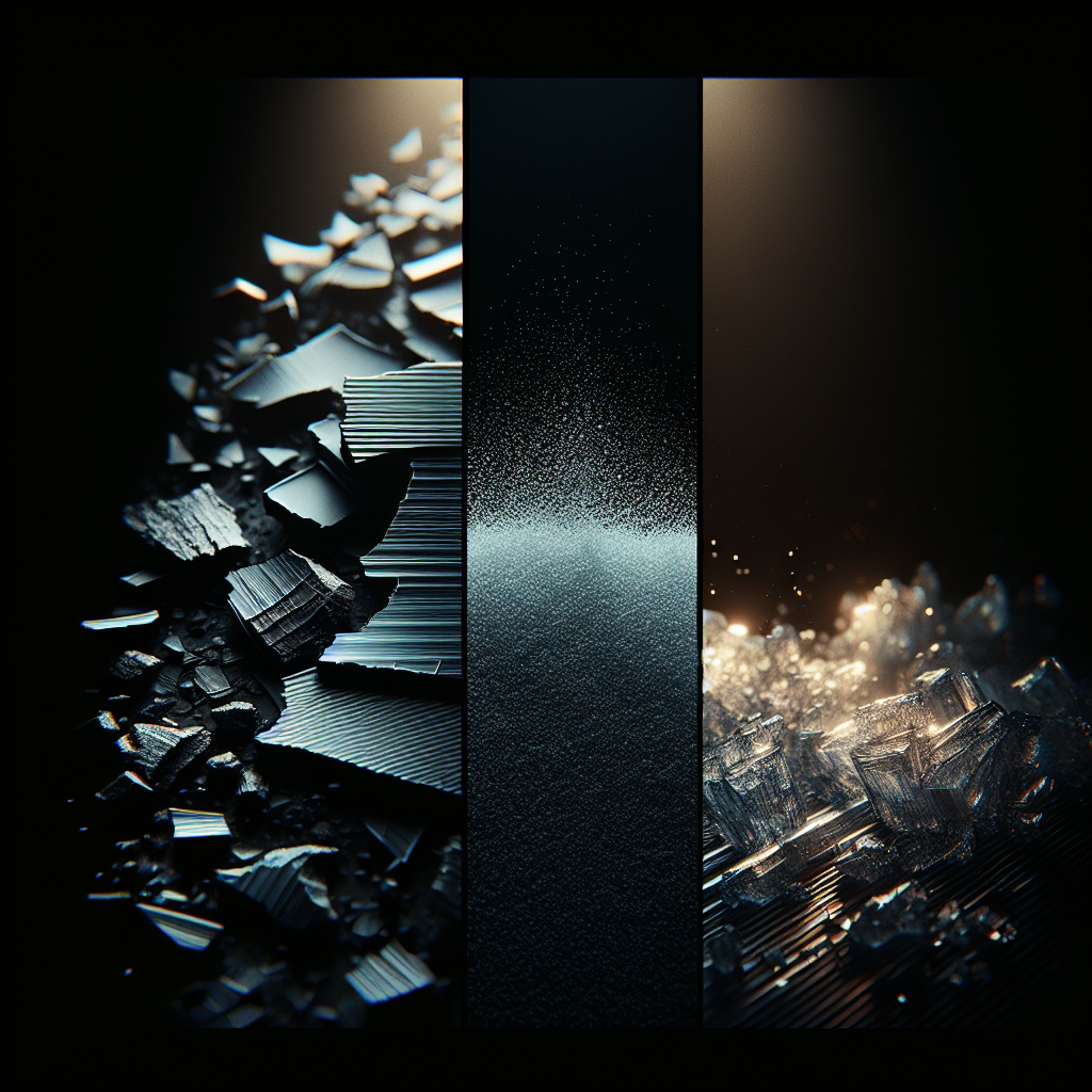 A triptych showing a cracked ceramic, a sensitive powder, and a flexible polymer sheet.